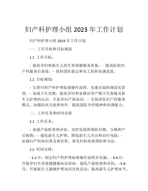 妇产科护理小组2023年工作计划