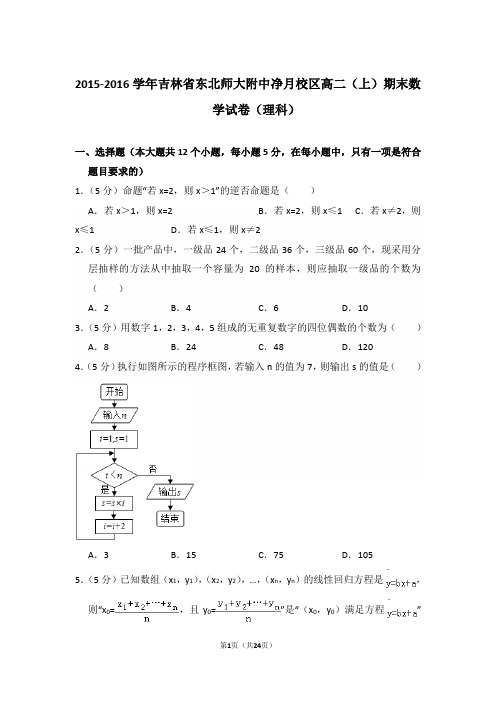 2015-2016年吉林省东北师大附中净月校区高二上学期期末数学试卷(理科)与解析