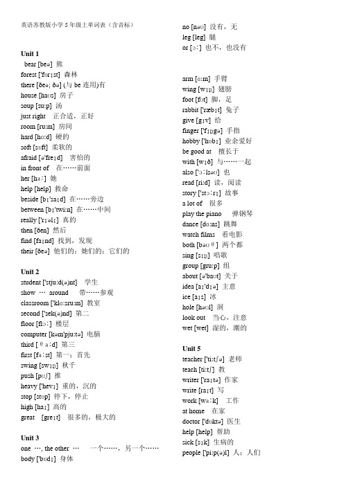 英语苏教版小学5年级上单词表(含音标)