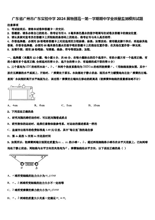 广东省广州市广东实验中学2024届物理高一第一学期期中学业质量监测模拟试题含解析