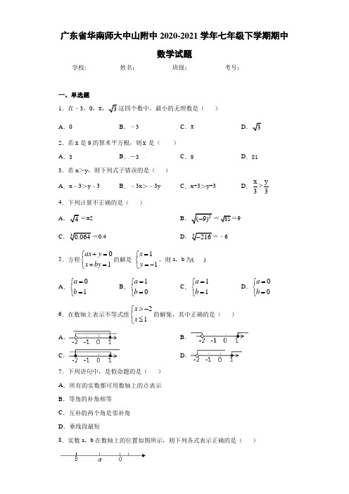 广东省华南师大中山附中2020-2021学年七年级下学期期中数学试题