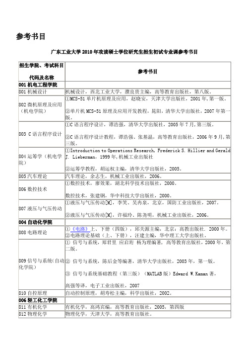 广东工业大学初试专业课参考书目