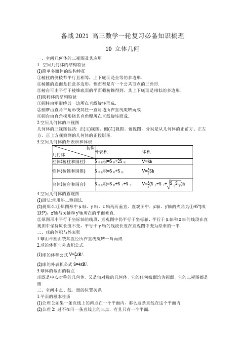 2020年高三数学一轮复习(备战2021)必备知识梳理 10 立体几何(理科)