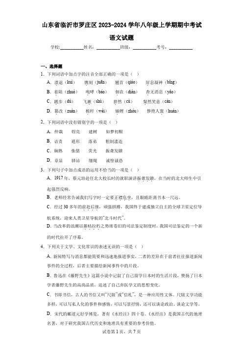 山东省临沂市罗庄区2023-2024学年八年级上学期期中考试语文试题