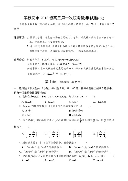 推荐-攀枝花市2018级高三第一次统考数学试题(文)附答