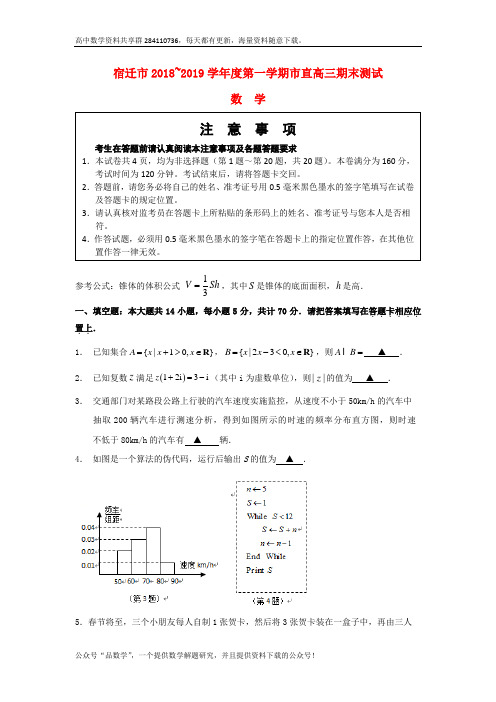 江苏省宿迁市2019届高三数学上学期期末考试试题