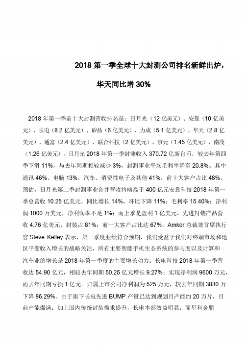 2018第一季全球十大封测公司排名新鲜出炉,华天同比增30%            