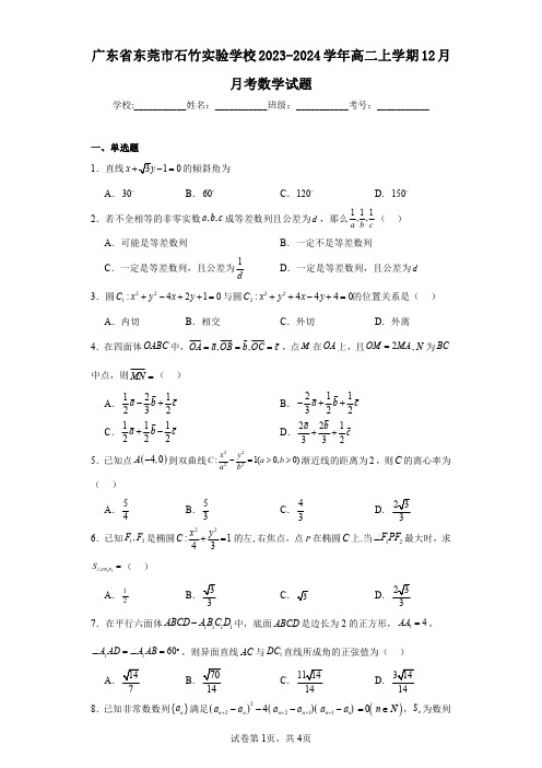 广东省东莞市石竹实验学校2023-2024学年高二上学期12月月考数学试题