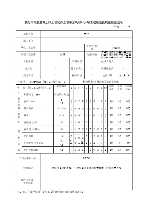 装配式钢筋混凝土挡土墙的挡土墙板预制栏杆分项工程检验批质量检验记录(最新版)