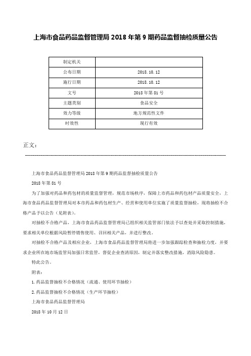 上海市食品药品监督管理局2018年第9期药品监督抽检质量公告-2018年第81号