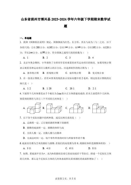 山东省滨州市博兴县2023-2024学年六年级下学期期末数学试题