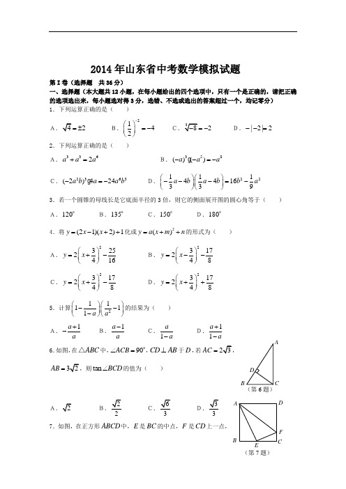 【初中数学】2014年山东省中考数学模拟试题 人教版