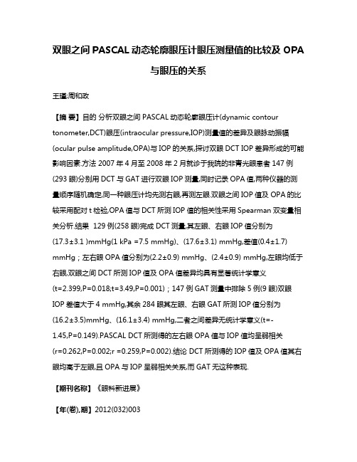 双眼之间PASCAL动态轮廓眼压计眼压测量值的比较及OPA与眼压的关系