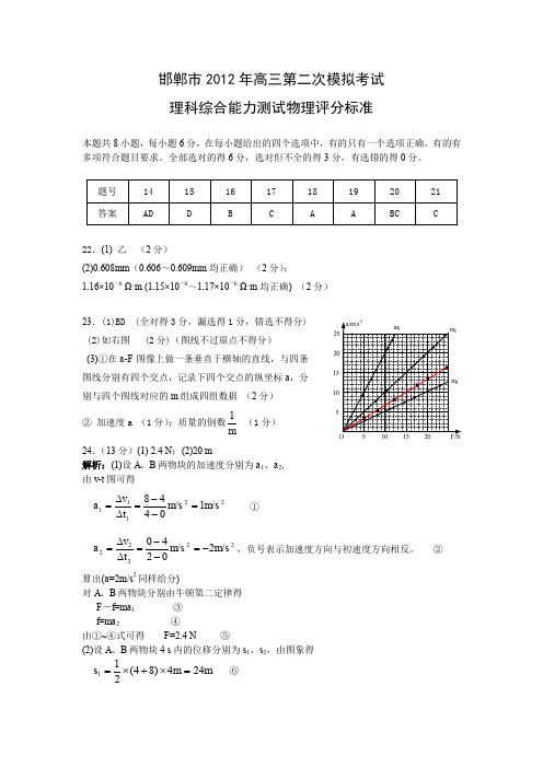 邯郸市年高考二模物理试题参考答案