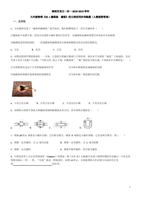 九年级物理《20.1磁现象  磁场》状元培优同步训练题(人教版附答案)