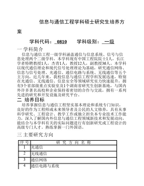 湖南大学信息与通信工程学科硕士研究生培养方案