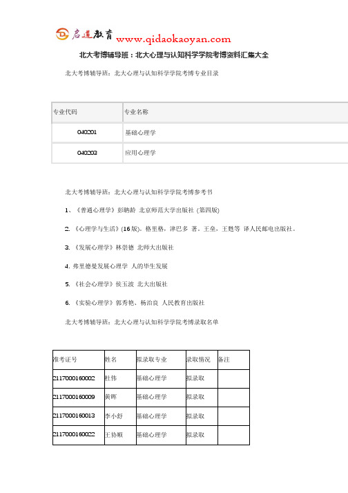 北大考博辅导班：北大心理与认知科学学院考博资料汇集大全