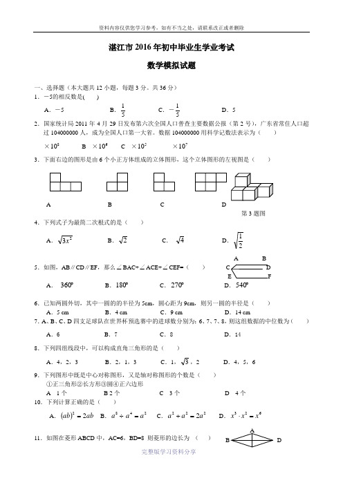 2016湛江市中考数学模拟