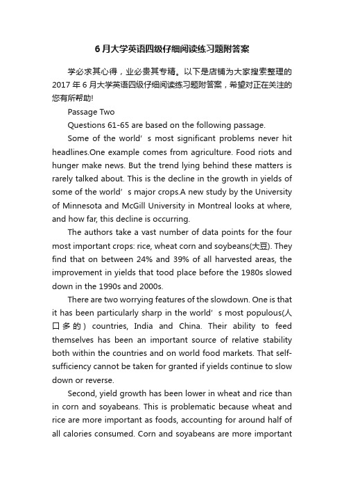 6月大学英语四级仔细阅读练习题附答案