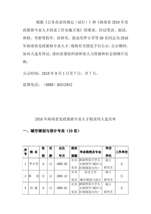 根据《公务员录用规定(试行)》和《海南省2010年