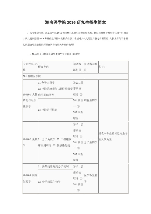 海南医学院2016研究生招生简章