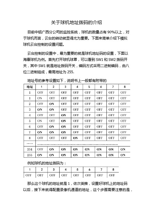 关于球机地址拨码的介绍