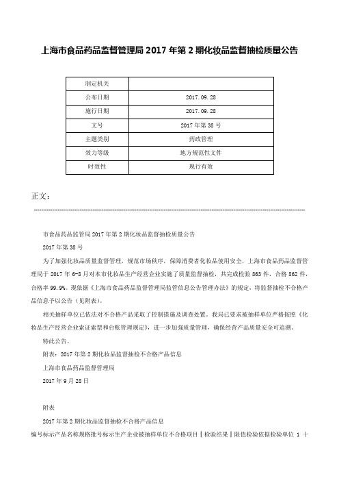 上海市食品药品监督管理局2017年第2期化妆品监督抽检质量公告-2017年第38号