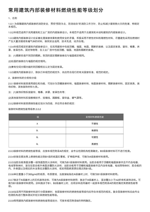 常用建筑内部装修材料燃烧性能等级划分