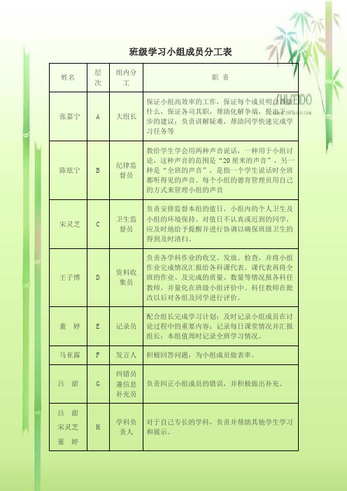 班级学习小组成员分工表