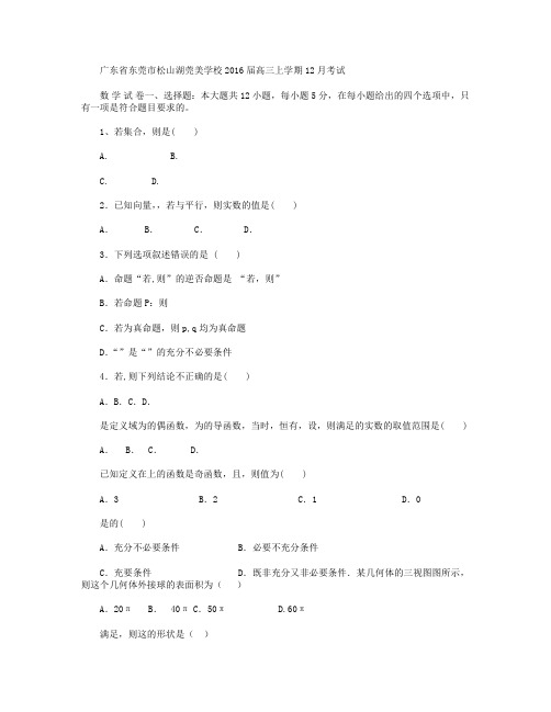 广东省东莞市松山湖莞美学校2016届高三上学期12月月考数学(理)试卷 Word版无答案