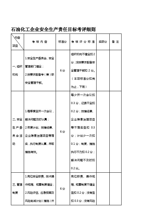 石油化工企业安全生产责任目标考评细则