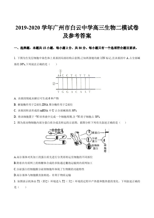 2019-2020学年广州市白云中学高三生物二模试卷及参考答案