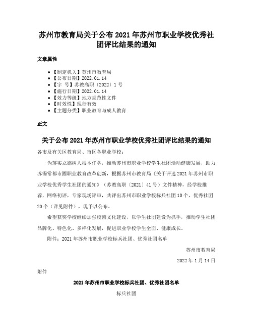 苏州市教育局关于公布2021年苏州市职业学校优秀社团评比结果的通知