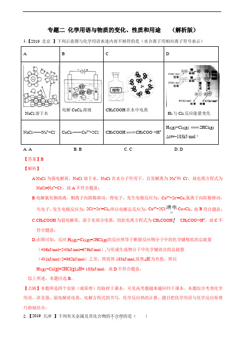 2019年高考化学真题专题分类汇编 化学用语与物质的变化、性质和用途 (解析版)