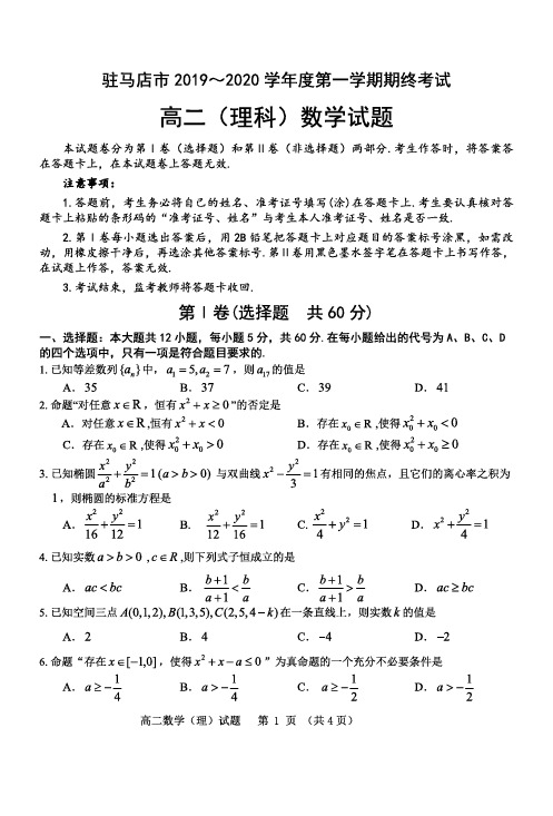 河南省驻马店市2019-2020学年高二上学期期末考试数学(理)试题及答案