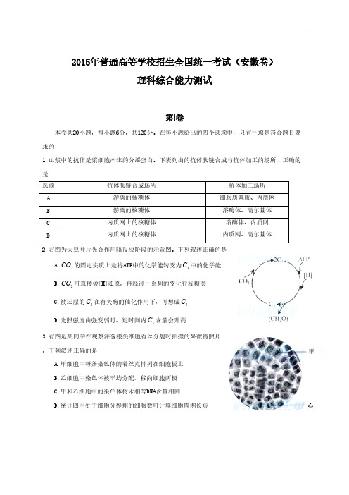 2015年全国高考理综试题及答案-安徽卷