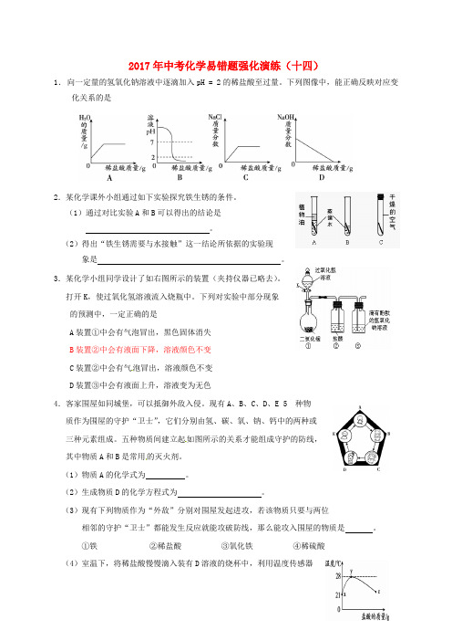 2017届中考化学易错题强化演练十四无答案