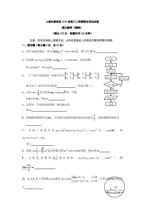 上海市崇明县2010届高三上学期期末考试(数学理)(含答案)