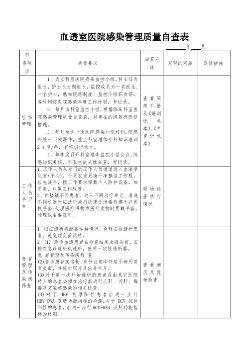 血透室医院感染管理质量自查表