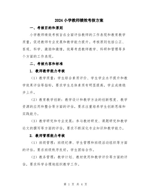 2024小学教师绩效考核方案