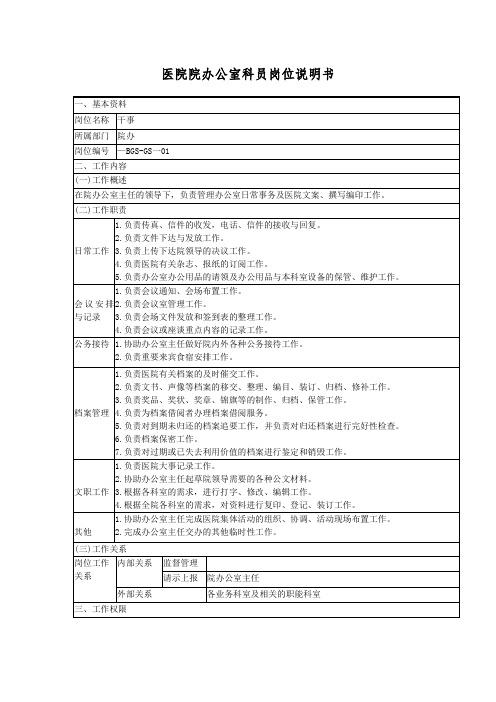 医院院办公室科员岗位说明书