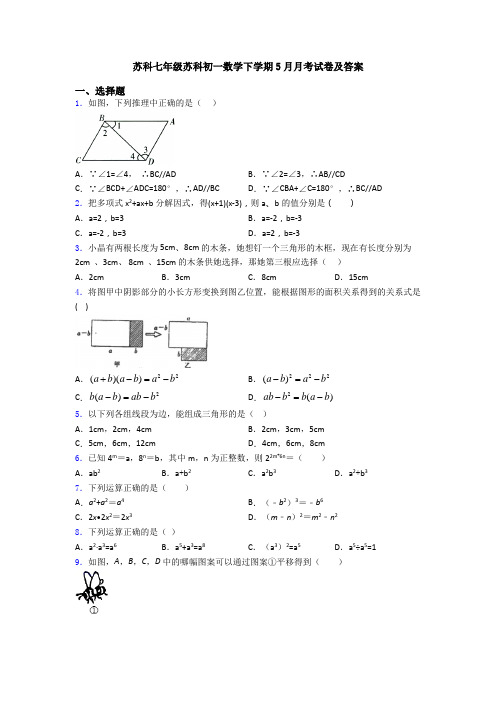 苏科七年级苏科初一数学下学期5月月考试卷及答案