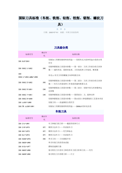 国际刀具标准(车削、铣削、钻削、铰削、锯削、螺纹刀具)