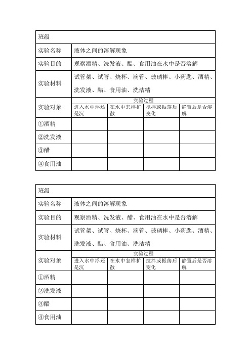 液体之间的溶解现象实验记录单