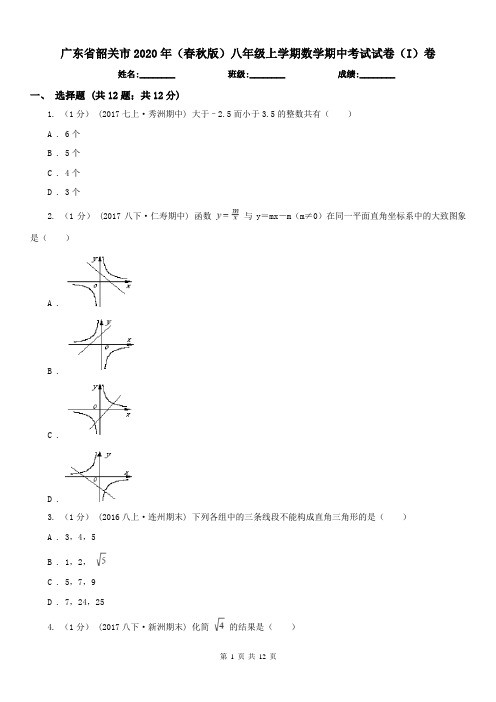 广东省韶关市2020年(春秋版)八年级上学期数学期中考试试卷(I)卷