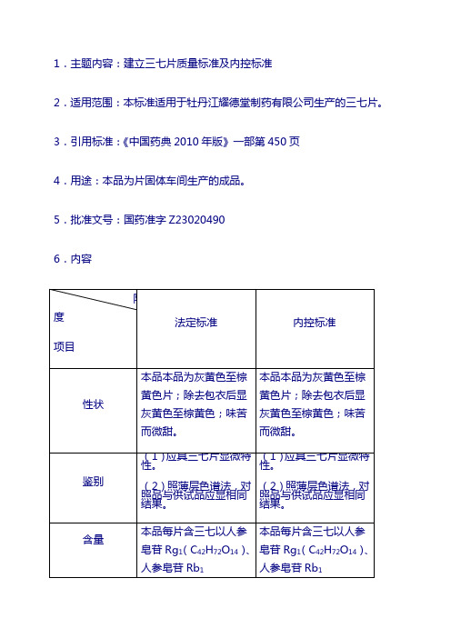 成品质量标准：三七片