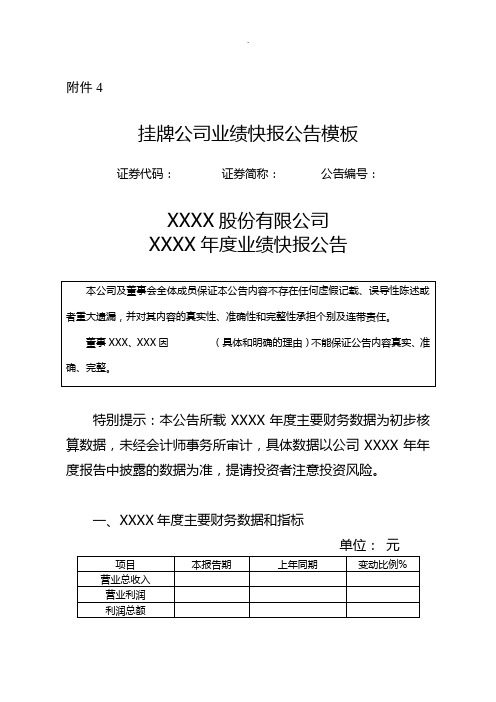 挂牌公司业绩快报公告模板