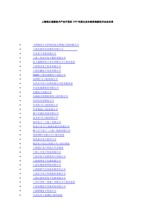上海张江高新技术产业开发区2008年度认定合格的高新技术企业名单
