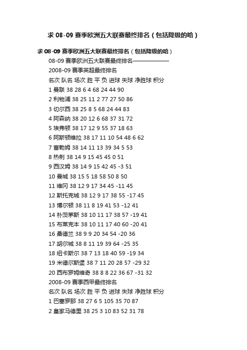 求08-09赛季欧洲五大联赛最终排名（包括降级的哈）