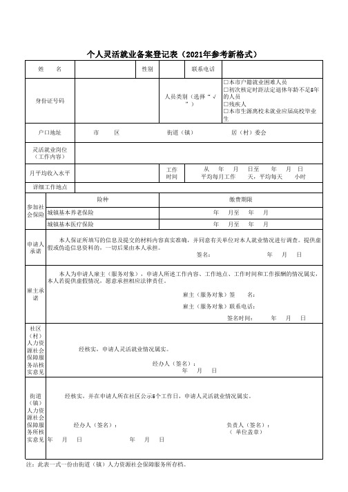 个人灵活就业备案登记表(2021年参考新格式)